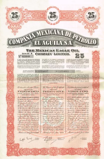 MEXICO MEXICAN EAGLE OIL COMPANY 25 SH stock certificate/ bond W/COUPONS