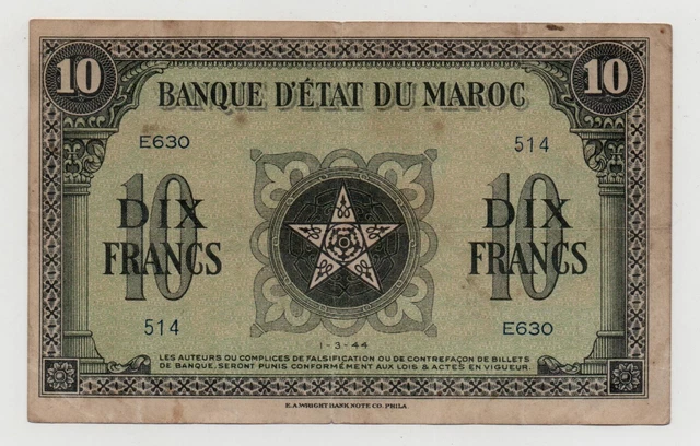 Morocco 10 Francs 1944 Pick 25 Look Scans