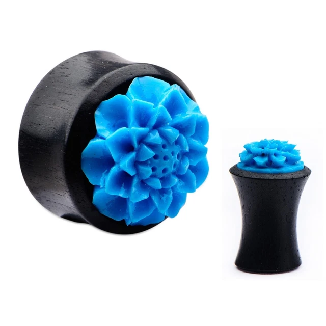 PAIR-Wood Arang w/Blue Flower Saddle Flare Ear Plugs 25mm/1" Gauge Body Jew