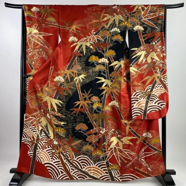 Woman Japanese Kimono Furisode Silk Pine Bamboo Plum Blossom Gold Foil Red