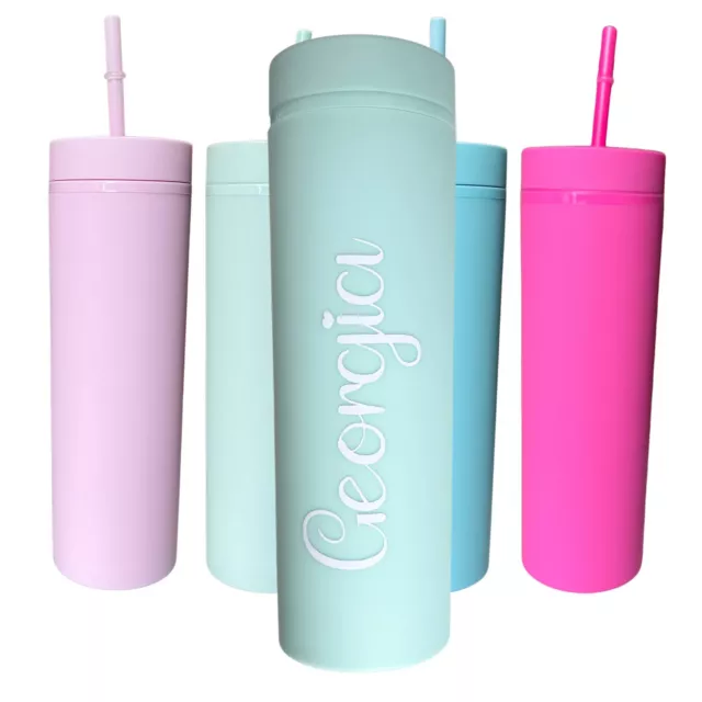 Personalised Skinny Matt Tumbler 16oz with Lid & Straw | BPA Free Plastic