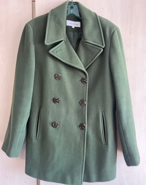 Calvin Klein Wool Blend Green Pea Coat Womens Size 12 Button Front Jacket
