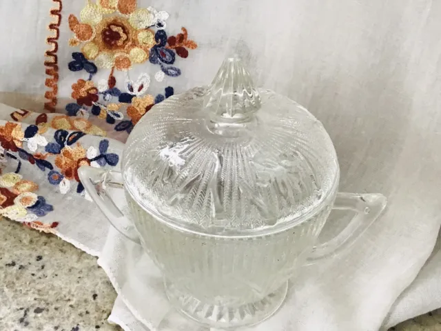 Vintage Depression Jeannette Glass Iris Clear/Herringbone Pattern Sugar Bowl Lid