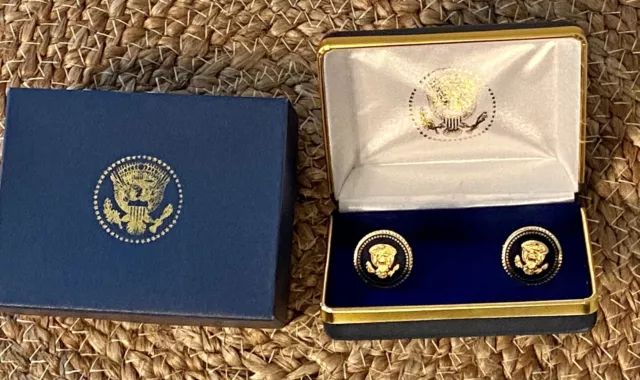 White House Issued Signed President Reagan Cobalt Cufflinks Presidential Seal