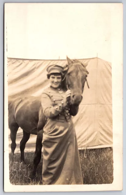 Circus~Woman in Band Costume & Hat~With Horse By Tent~c1915 RPPC