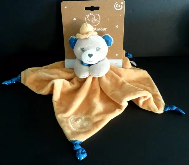 266. DOUDOU PLAT MGM DODO D'AMOUR OURS chapeau jaune moutarde bleu pois NEUF