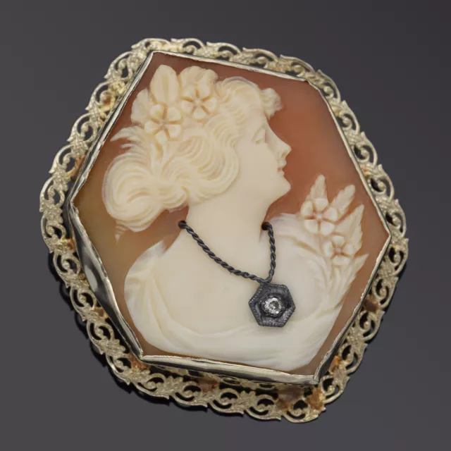 Antique 14K White Gold Cameo Shell & Diamond Oval Brooch Pin Pendant