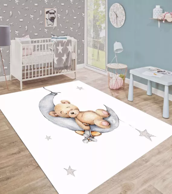 Jungengel Baby & Kinderteppich Teddy Bär Design Teppich Läufer Waschbar Weiß NEU