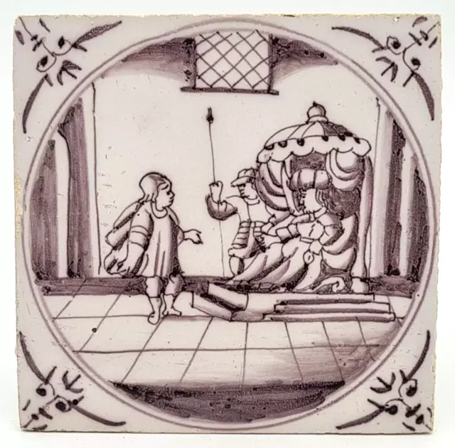 Antique 18th Century Dutch Delft Manganese Tile Biblical Scene AE12