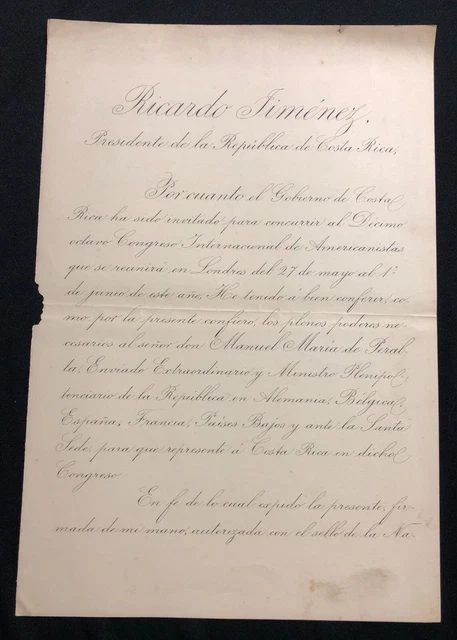 🇨🇷Costa Rica 1912 Official Document Signed By President Ricardo Jimenez O. •