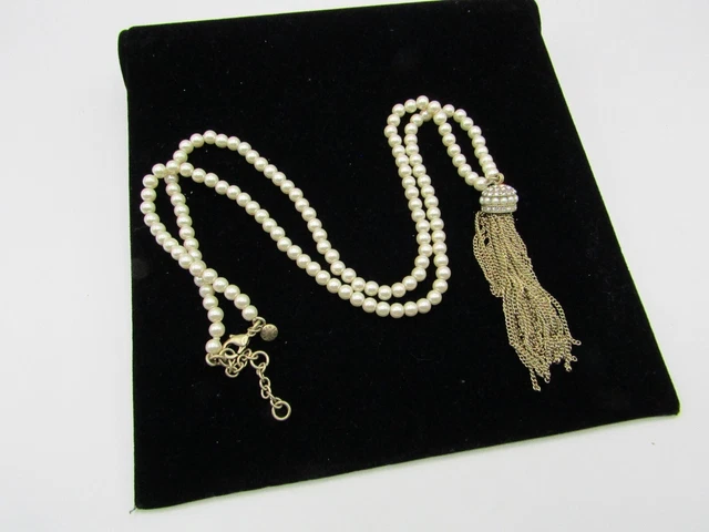 J. Crew Faux Pearl Rhinestone Tassel Pendant Gold Tone Long Necklace