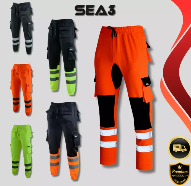 SEA3 Men's Hi Viz High Visibility Safety Fleece Cargo Work Trousers Joggers