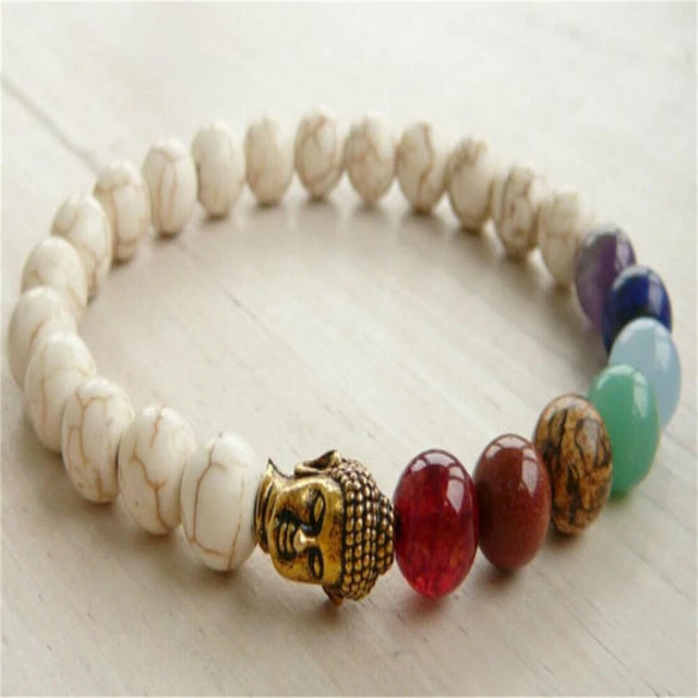 8mm White Turquoise gemstone Buddha mala Bracelet 7.5 Inches Wrist Yoga Reiki