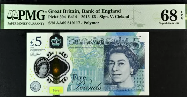 £5 NOTE 394 Cleland B414 PMG 68 EPQ 2015 Five Pound AA09 Bank of England