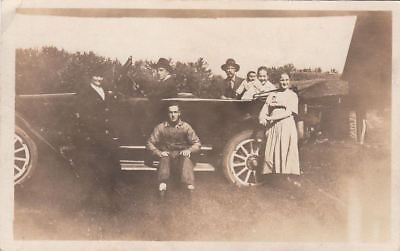 Postcard RPPC Family Outing Next to Old Antique Car c. 1920s