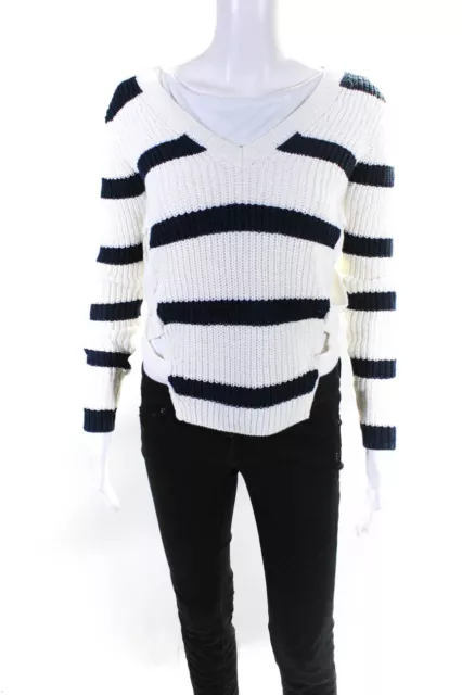 Derek Lam 10 Crosby Womens Strappy Side Striped Sweater White Blue Cotton XS