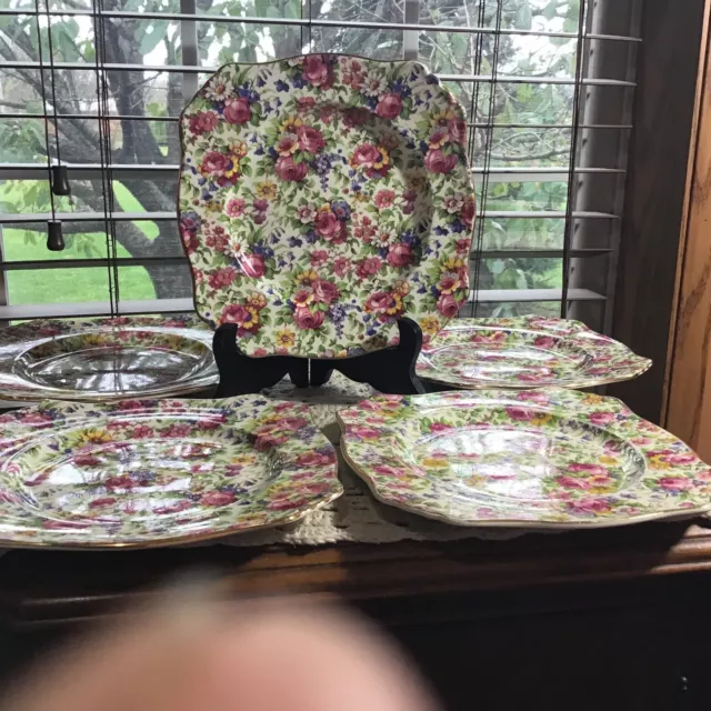 5 Royal Winton Summertime Floral Chintz Gold Trim 7 3/4” luncheon salad Plates
