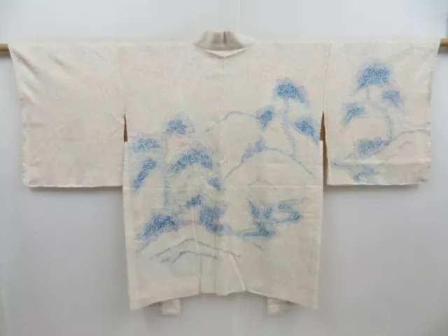 3218T14z470 Vintage Japanese Kimono Silk SHIBORI HAORI Pine Off-white