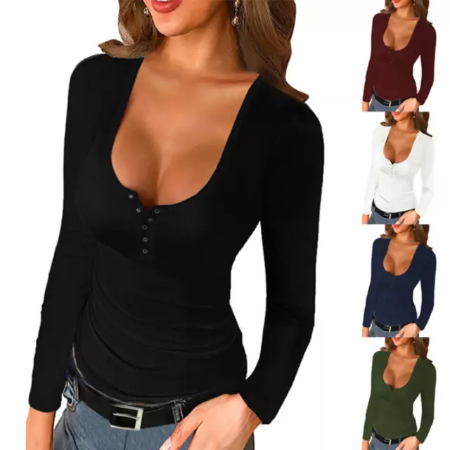 Sexy Women Casual Slim Tops Blouse T Shirt V Neck Long Sleeve Button Tee Ladies 3