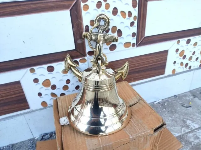 Handmade Nautical Brass Bell Wall Hanging Ship Bell 8" Brass Anchor Boat Decor 2