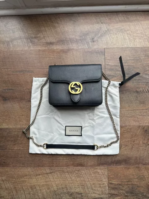 GUCCI AUTHENTIC BLACK Leather Calfskin Interlocking G Shoulder Bag