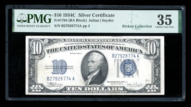 DBR 1934-C $10 Silver Fr. 1704 PMG 35 Serial B27928774A