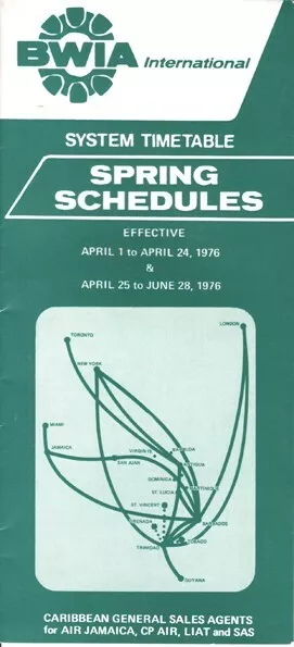 BWIA British West Indian Airways timetable 1976/04/01