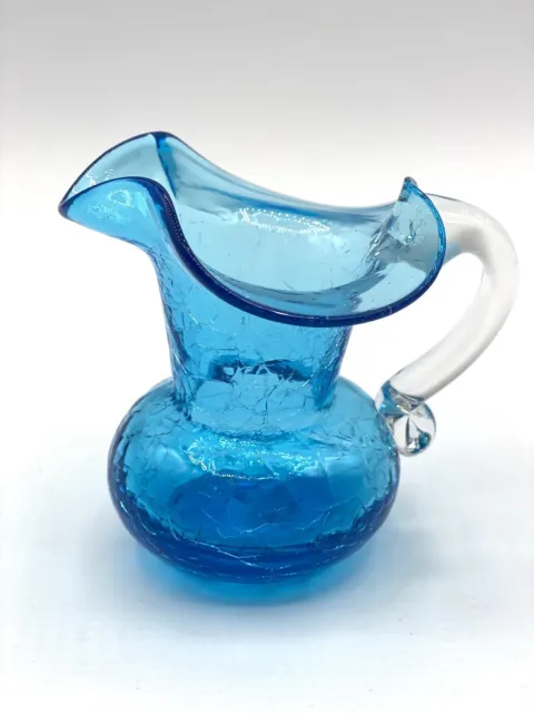 BLENKO Art Glass Hand Blown Blue Clear Crackle Glass Small Creamer Pitcher Vase