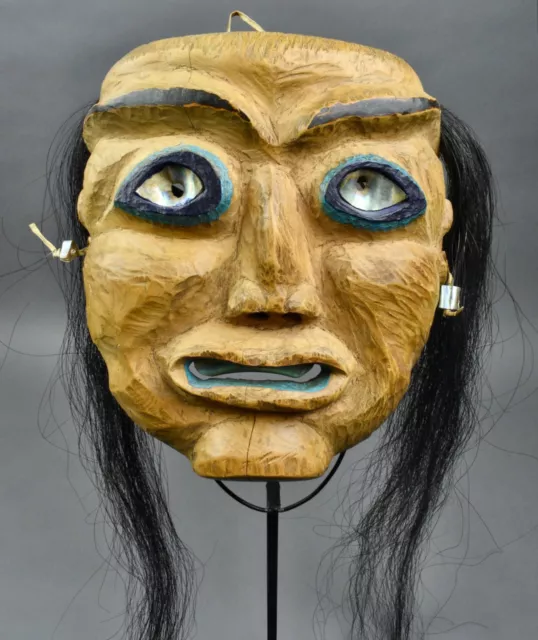 Old c1950 NWC Northwest Coast Native Carved Wood MASK Hair Abalone Eyes & Teeth