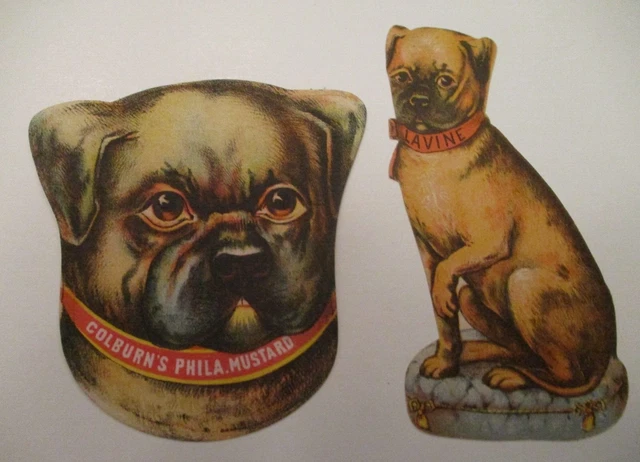 2 vintage 1880's Pug dog advertising trade cards-Colburns Mustard/Lavine soap