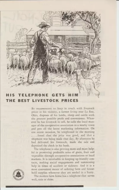 Vintage Bell Telephone Print Ad Sheep Farmer *American Telephone & Telegraph Co.
