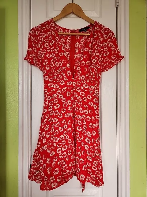 Lulus | Red Floral Dress Tie Behind Short Spring Summer | XS FLOWY DEEP V NECK