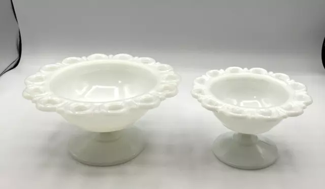 2- Vintage Anchor Hocking Milk Glass Open Lace 2 Candy Dishes Large & Small