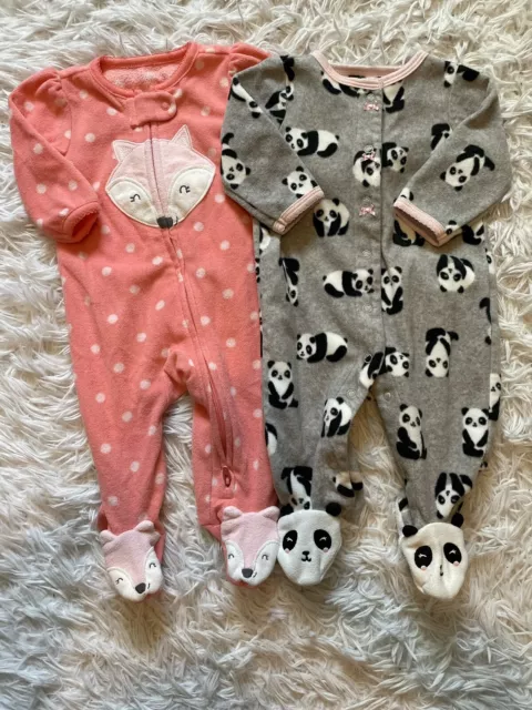 Carters Baby Girl 3M Fleece Sleeper Set Of 2 Pink Fox Panda PJs Polka Dot Bow