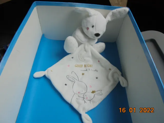 Doudou 7143 / Peluche Lapin "Simba Toys" Blanc - Mouchoir Brode Good Night-Lapin