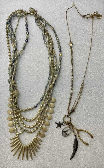 Lucky Brand Jewelry Pair Necklaces Layered Charm Dangle Gold Brass Tone Beaded