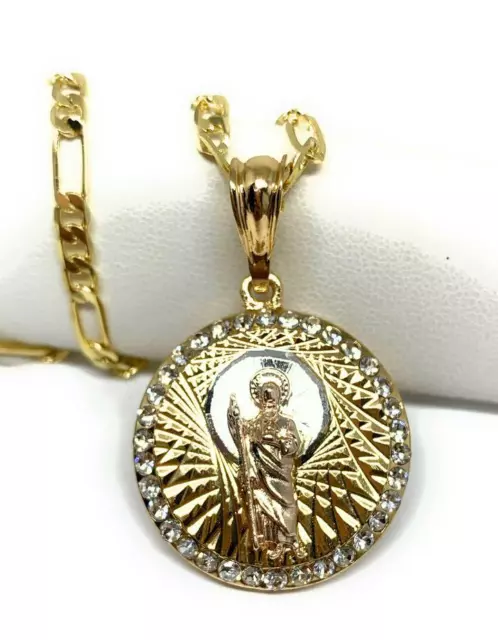 San Judas Tadeo Medalla Gold P Saint Jude Pendant Necklace 26" Cadena Oro Lamina