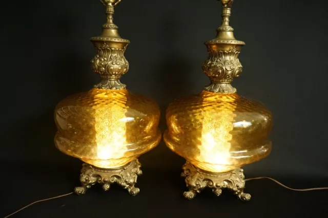 Vintage mid century large amber glass Hollywood Regency 3-way lamp set, pair