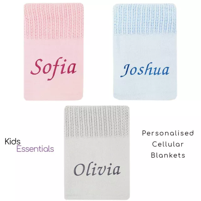 Baby Personalised Cellular Cotton Blanket Embroidered Name Grey Pink Blue White