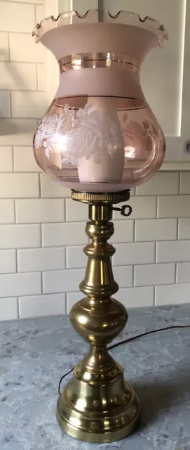 Beautiful Brass Lamp. Light Pink Glass Shade With Frosted Accent/Hurricane Globe