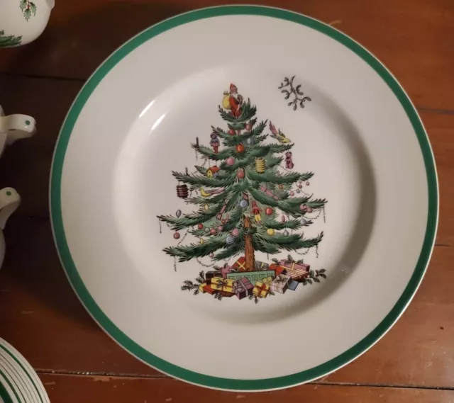 Vintage Spode Christmas Tree Dinner Plates -  10 3/4" England S3324-I Green Trim