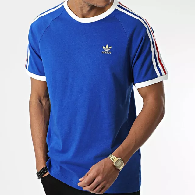 adidas Originals 3 Stripes Logo Tee Herren Trefoil Vintage Shirt Blau Weiß Rot