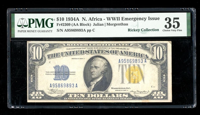 DBR 1934-A $10 North Africa Silver Fr. 2309 PMG 35 Serial A95869893A
