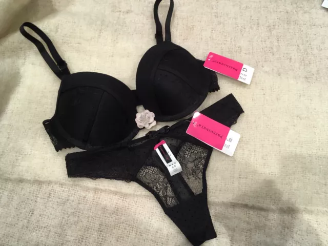 Passionata Bra Set Black Padded Push Up Size 32 D sexy Thong XXS /8 £ 59