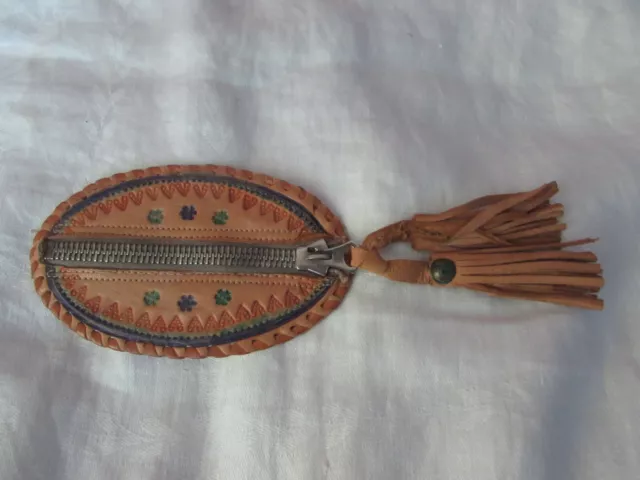 1932 Vintage hand tooled oval leather COIN PURSE zippered tassels made in Poland