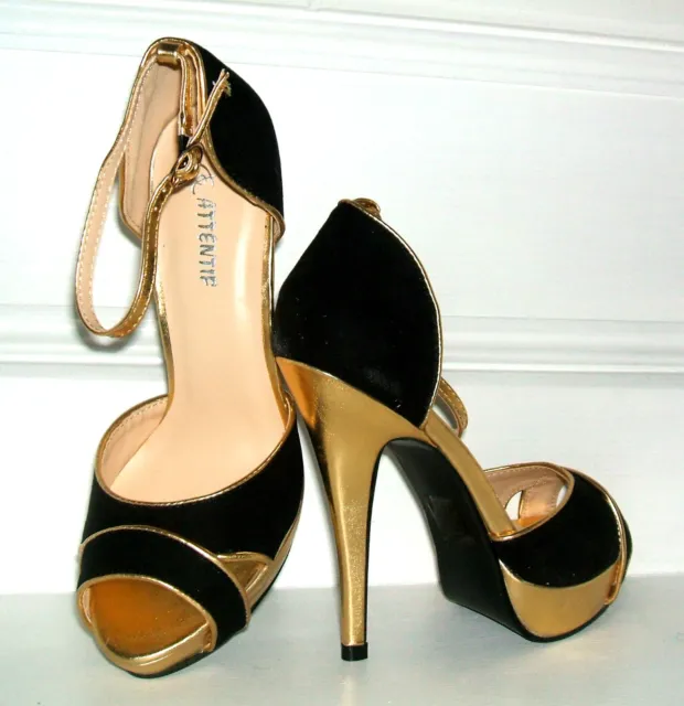 Size 5 38 Black Gold Faux Suede Ankle Strap Strappy High Heel Sandals Shoes Bnwb