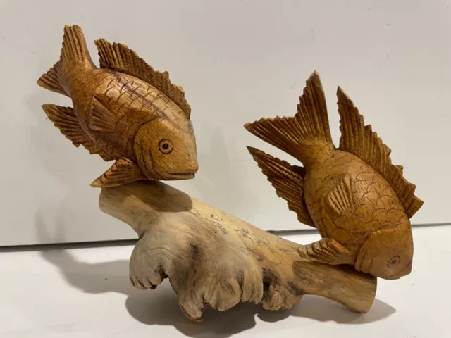 Vintage Folk Art Hand Carved Wooden Fish on Driftwood