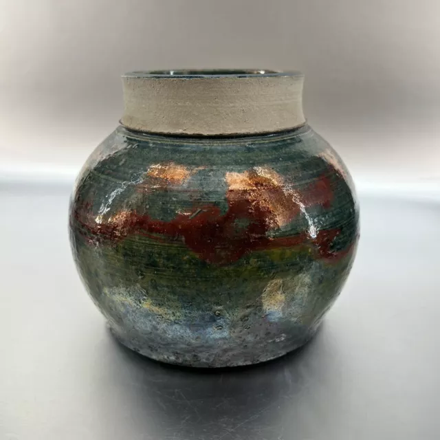 Hand Made 5” Blue Copper Art Raku Pottery Studio Art Vase Vintage Handmade