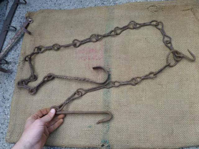 Antique Chimney Chain Hearth Fireplace Cooking Trammel Hook Twisted Iron