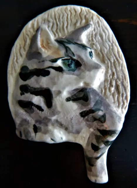 Handcrafted Porcelain Cat Pin ~ Mardon Ware Inc ~ Grey Tabby ~ Vintage